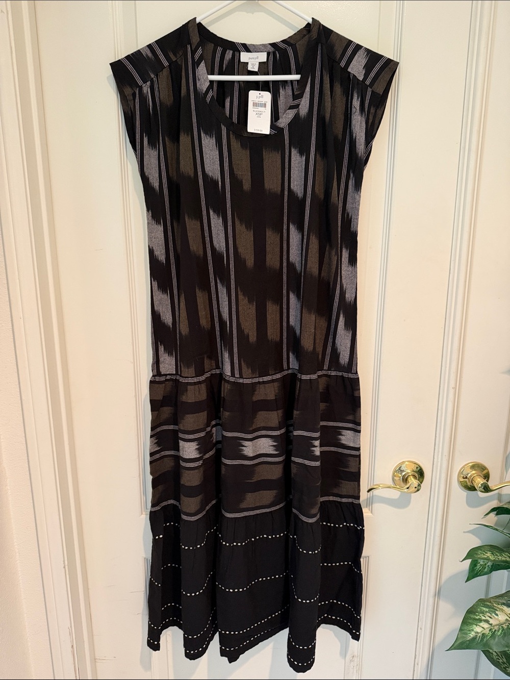 J Jill Women's Black Multi and Gray Patterned Dress with Quilt Stitched Hem